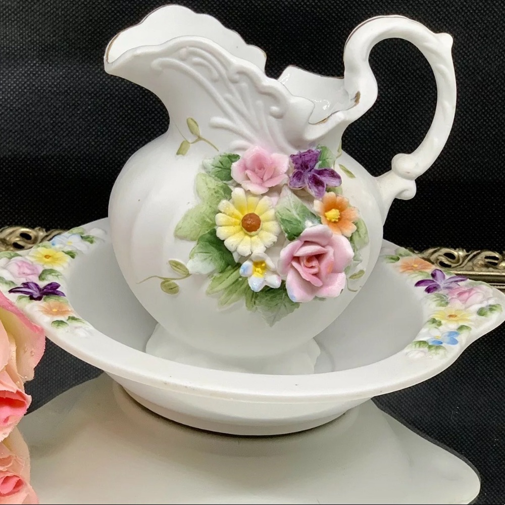 Lefton 3D Floral China Pitcher & Basin